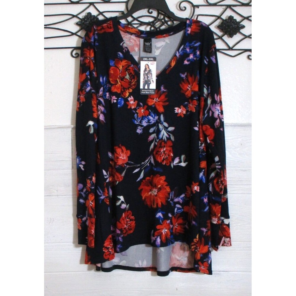 Lildy Women's Knit Top Size 2X Long Sleeve Black Floral Round Neck